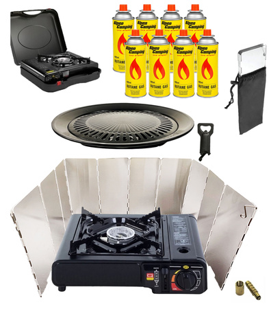 HAPPY HOME Kuchenka turystyczna 2w1 x1 + ALPEN CAMPING Osłona przeciwwiatrowa do kuchenki turystycznej x1 +  IMEX Nakładka grillowa 30,5cm x1 +  ALPEN CAMPING Kartusz Gazowy IK1004 400ml 227g x8