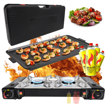 Kuchenka dwupalnikowa ze stali nierdzewnej w walizce z tworzywa sztucznego  x1 + TIROSS Patelnia / nakładka grillowa do kuchenek turystycznych TS-271 x1 + INTER GLOBUS Kartusz Gazowy 400ml 227g x4