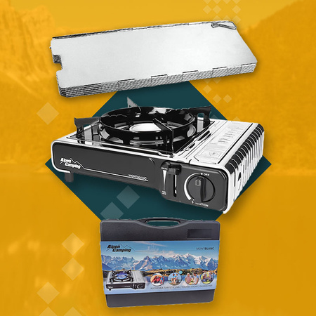 ALPEN CAMPING Kuchenka turystyczna MONT BLANC x1 + ALPEN CAMPING Osłona przeciwwiatrowa do kuchenki turystycznej