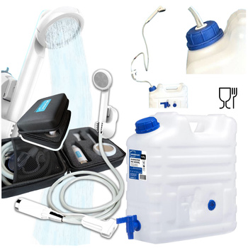 SimplyCan Prysznic turystyczny bezprzewodowy z akumulatorem Water2go + Pojemnik na wodę pitną 15L ATEST kanister z kranikiem (max. 17L)