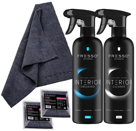 FRESSO Interior Cleaner czyszczenie wnętrza 0,5L + FRESSO Interior Dressing do wnętrza 0,5L + FRESSO Mikrofibra Agnes Towel 40x40 cm , 360 g/m2 x2
