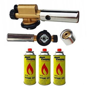 FLAME GUN Palnik gazowy z piezo zapalarką żeliwny + ALPEN CAMPING Kartusz Gazowy IK1004 400ml 227g x3