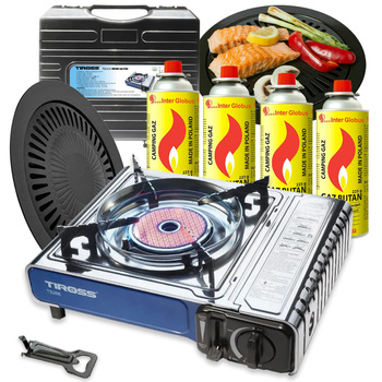 TIROSS Kuchenka turystyczna TS-266 x1 +  INTER GLOBUS Kartusz Gazowy 400ml 225g x4 + IMEX Nakładka grillowa 30,5cm x1