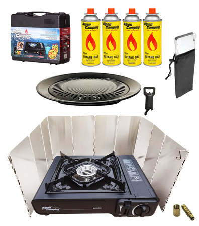 ALPEN CAMPING Kuchenka turystyczna BAVARIA IT001 + ALPEN CAMPING Osłona przeciwwiatrowa do kuchenki turystycznej + ALPEN CAMPING Kartusz Gazowy IK1004 400ml 227g x4 + IMEX Nakładka grillowa 30,5cm x1