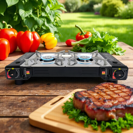 HERMON Dwupalnikowa kuchenka turystyczna  na kartusz i butle  x1 + TIROSS Patelnia / nakładka grillowa do kuchenek turystycznych TS-271 x1 + ALPEN CAMPING Kartusz Gazowy IK1004 400ml 227g x4