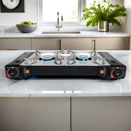 HERMON Dwupalnikowa kuchenka turystyczna  na kartusz i butle  x1 + Kartusz Gazowy IK1004 400ml 227g x4