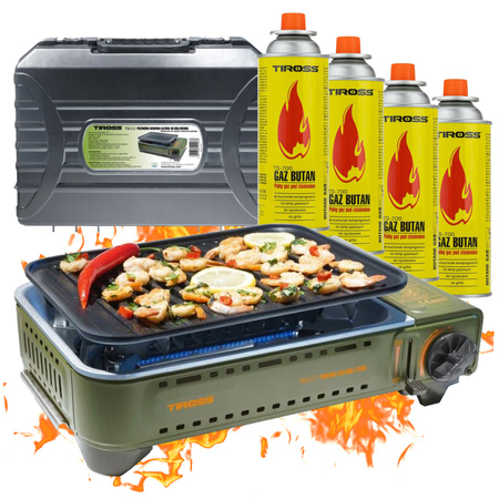 TIROSS Grill gazowy TS-268 na kartusze 227g turystyczny przenośny +  TIROSS Kartusz Gazowy TS700 400ml 227g x4