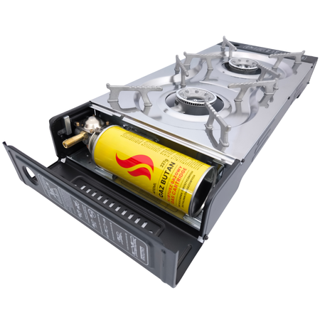 HERMON Dwupalnikowa kuchenka turystyczna  na kartusz i butle  x1 + TIROSS Patelnia / nakładka grillowa do kuchenek turystycznych TS-271 x1 + ALPEN CAMPING Kartusz Gazowy IK1004 400ml 227g x4