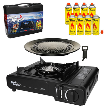 ALPEN CAMPING Kuchenka turystyczna TYROL IK002 x1 +  ALPEN CAMPING Kartusz Gazowy IK1004 400ml 227g x8 + IMEX Nakładka grillowa 30,5cm x1