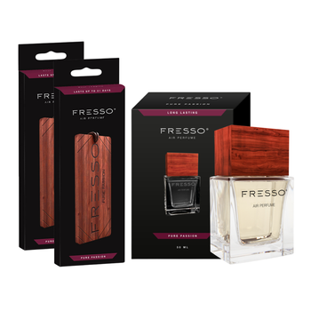 FRESSO Pure Passion drewniana zawieszka zapachowa x2 + perfumy samochodowe 50ml