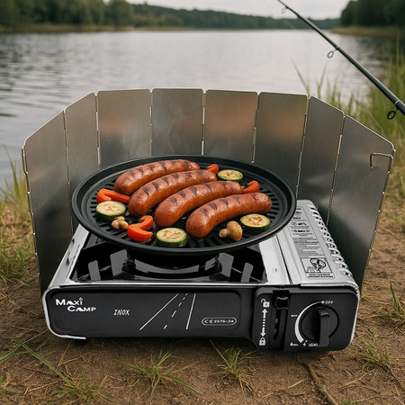 MaxiCamp Kuchenka turystyczna gazowa na kartusz INOX + Nakładka grillowa + Osłona przeciwwiatrowa + 4 x kartusz gazowy