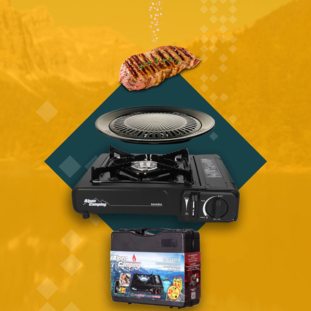 ALPEN CAMPING Kuchenka turystyczna BAVARIA IT001 x1 +  ALPEN CAMPING Kartusz Gazowy IK1004 400ml 227g x8 + IMEX Nakładka grillowa 30,5cm x1