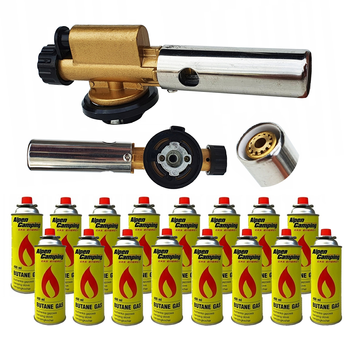 FLAME GUN Palnik gazowy z piezo zapalarką żeliwny + ALPEN CAMPING Kartusz Gazowy IK1004 400ml 227g x16