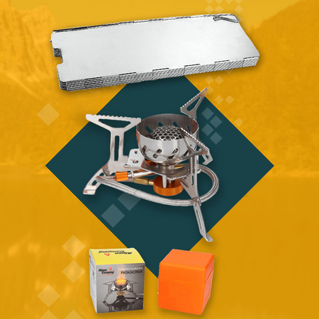 ALPEN CAMPING Kuchenka turystyczna PATAGONIA + ALPEN CAMPING Osłona przeciwwiatrowa do kuchenki turystycznej