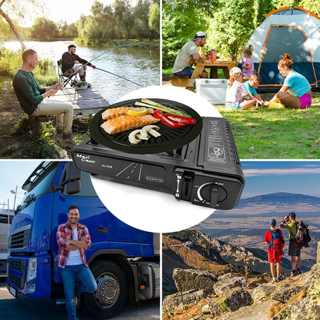 MaxiCamp Kuchenka turystyczna gazowa na kartusz BLACK + Nakładka grillowa