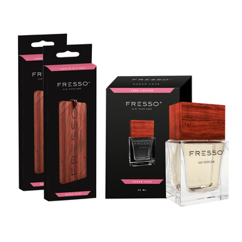 FRESSO Sugar Love drewniana zawieszka zapachowa x2 + perfumy samochodowe 50ml