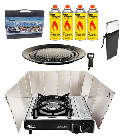 ALPEN CAMPING Kuchenka turystyczna MONT BLANC x1 + ALPEN CAMPING Osłona przeciwwiatrowa do kuchenki turystycznej + ALPEN CAMPING Kartusz Gazowy IK1004 400ml 227g x4 + IMEX Nakładka grillowa 30,5cm x1