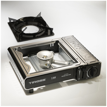 TIROSS Kuchenka turystyczna TS-265 x1 + ALPEN CAMPING Osłona przeciwwiatrowa do kuchenki turystycznej x1 + TIROSS Kartusz Gazowy TS700 400ml 227g x4 + IMEX Nakładka grillowa 30,5cm x1