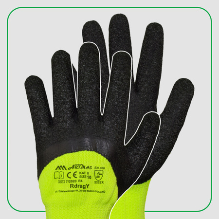ART.MAS Rękawice ochronne robocze ocieplane RDRAG YELLOW kat.2 dzianina + lateks r. 11 x12