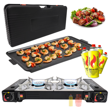 HERMON Dwupalnikowa kuchenka turystyczna  na kartusz i butle  x1 + TIROSS Patelnia / nakładka grillowa do kuchenek turystycznych TS-271 x1 + ALPEN CAMPING Kartusz Gazowy IK1004 400ml 227g x4