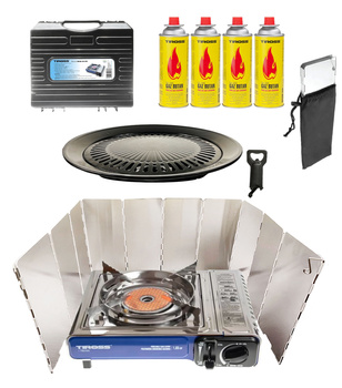 TIROSS Kuchenka turystyczna TS-266 x1 + ALPEN CAMPING Osłona przeciwwiatrowa do kuchenki turystycznej x1 + IMEX Nakładka grillowa 30,5cm x1 + TIROSS Kartusz Gazowy TS700 400ml 227g x4
