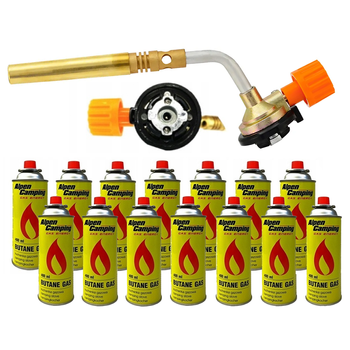 FLAME GUN Palnik gazowy lutowniczy + ALPEN CAMPING Kartusz Gazowy IK1004 400ml 227g x14