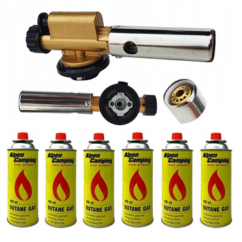 FLAME GUN Palnik gazowy z piezo zapalarką żeliwny + ALPEN CAMPING Kartusz Gazowy IK1004 400ml 227g x6