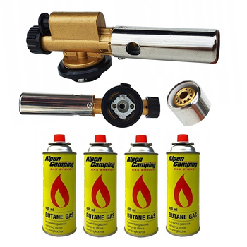 FLAME GUN Palnik gazowy z piezo zapalarką żeliwny + ALPEN CAMPING Kartusz Gazowy IK1004 400ml 227g x4