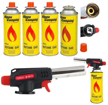 FLAME GUN Palnik gazowy 360° z piezo zapalarką M-961C x1 +  ALPEN CAMPING Kartusz Gazowy IK1004 400ml 227g x4