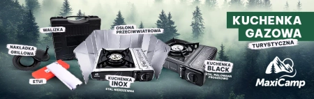 MaxiCamp Kuchenka turystyczna gazowa na kartusz INOX + Nakładka grillowa + Osłona przeciwwiatrowa + 4 x kartusz gazowy