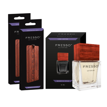 FRESSO Magnetic Style drewniana zawieszka zapachowa x2 + perfumy samochodowe 50ml