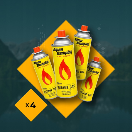 ALPEN CAMPING Kuchenka turystyczna TYROL IK002 x1 + ALPEN CAMPING Kartusz Gazowy IK1004 400ml 227g x4 + IMEX Nakładka grillowa 30,5cm x1