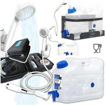 SimplyCan Prysznic turystyczny bezprzewodowy z akumulatorem  + Pojemnik na wodę pitną 10L (max. 12L) ATEST +  Metalowy uchwyt mocowanie