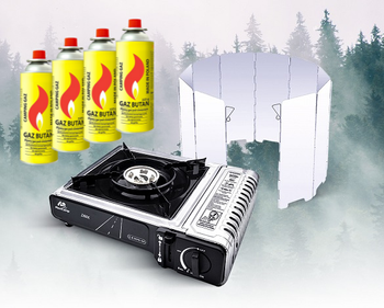 MaxiCamp Kuchenka turystyczna gazowa na kartusz INOX + Osłona przeciwwiatrowa + 4 x kartusz gazowy