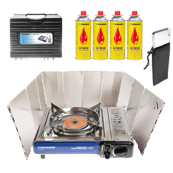 TIROSS Kuchenka turystyczna TS-266 x1 + ALPEN CAMPING Osłona przeciwwiatrowa do kuchenki turystycznej x1 + TIROSS Kartusz Gazowy TS700 400ml 227g x4