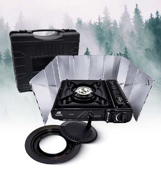 MaxiCamp Kuchenka turystyczna gazowa na kartusz BLACK + Nakładka grillowa + Osłona przeciwwiatrowa