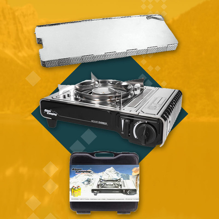 ALPEN CAMPING Kuchenka turystyczna MOUNT EVEREST + ALPEN CAMPING Osłona przeciwwiatrowa do kuchenki turystycznej + ALPEN CAMPING Kartusz Gazowy IK1004 400ml 227g x4 + IMEX Nakładka grillowa 30,5cm x1