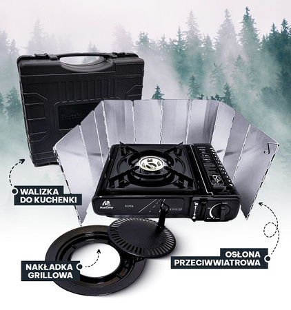 MaxiCamp Kuchenka turystyczna gazowa na kartusz BLACK + Nakładka grillowa + Osłona przeciwwiatrowa + 4 x kartusz gazowy