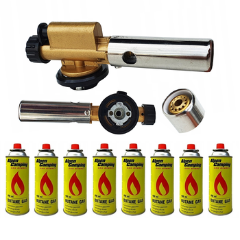 FLAME GUN Palnik gazowy z piezo zapalarką żeliwny + ALPEN CAMPING Kartusz Gazowy IK1004 400ml 227g x8