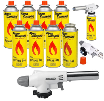 FLAME GUN Palnik gazowy z piezo zapalarką 920 x1 +  ALPEN CAMPING Kartusz Gazowy IK1004 400ml 227g x8