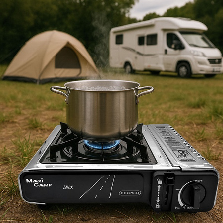 MaxiCamp Kuchenka turystyczna gazowa na kartusz INOX + Nakładka grillowa + Osłona przeciwwiatrowa + 4 x kartusz gazowy