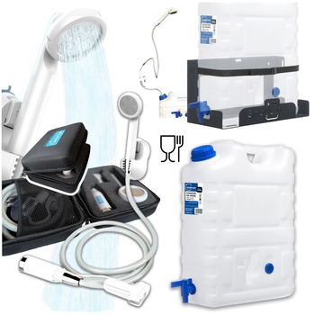 SimplyCan Prysznic turystyczny bezprzewodowy z akumulatorem  + Pojemnik na wodę pitną 20L (max. 22L) ATEST +  Metalowy uchwyt mocowanie