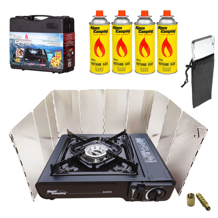 ALPEN CAMPING Kuchenka turystyczna BAVARIA IT001 + ALPEN CAMPING Osłona przeciwwiatrowa do kuchenki turystycznej + ALPEN CAMPING Kartusz Gazowy IK1004 400ml 227g x4