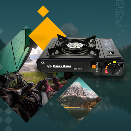 HAPPY HOME Kuchenka turystyczna 2w1 x1 + ALPEN CAMPING Osłona przeciwwiatrowa do kuchenki turystycznej x1 +  IMEX Nakładka grillowa 30,5cm x1 +  ALPEN CAMPING Kartusz Gazowy IK1004 400ml 227g x8