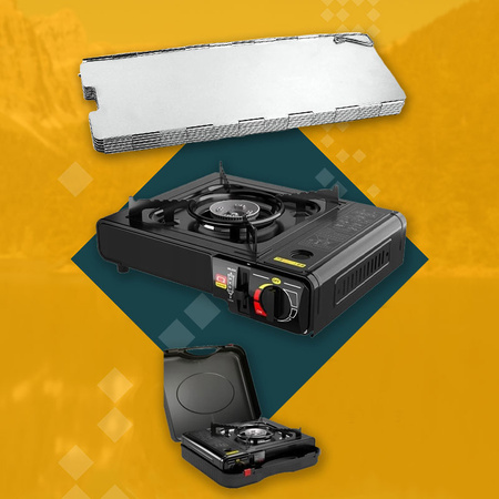 HAPPY HOME Kuchenka turystyczna 2w1 x1 + ALPEN CAMPING Osłona przeciwwiatrowa do kuchenki turystycznej x1 +  IMEX Nakładka grillowa 30,5cm x1 +  ALPEN CAMPING Kartusz Gazowy IK1004 400ml 227g x8