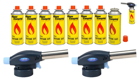 FLAME GUN Palnik gazowy z piezo zapalarką 915 x2 + ALPEN CAMPING Kartusz Gazowy IK1004 400ml 227g x8