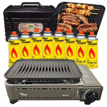 ALPEN CAMPING Grill gazowy NEVADA na kartusze 227g +  ALPEN CAMPING Kartusz Gazowy IK1004 400ml 227g x8