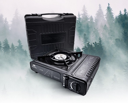 MaxiCamp Kuchenka turystyczna gazowa na kartusz BLACK + Osłona przeciwwiatrowa + 4 x kartusz gazowy