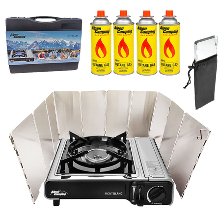 ALPEN CAMPING Kuchenka turystyczna MONT BLANC x1 + ALPEN CAMPING Osłona przeciwwiatrowa do kuchenki turystycznej + ALPEN CAMPING Kartusz Gazowy IK1004 400ml 227g x4