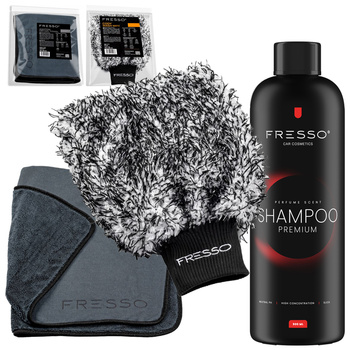 FRESSO Shampoo Premium szampon samochodowy 0,5L + FRESSO Rękawica z mikrofibry Cody Wash Mitt 19x28 cm , 90 g/m2 + FRESSO Ręcznik do osuszania Ashton Drying Towel 90x60 cm , 600 g/m2